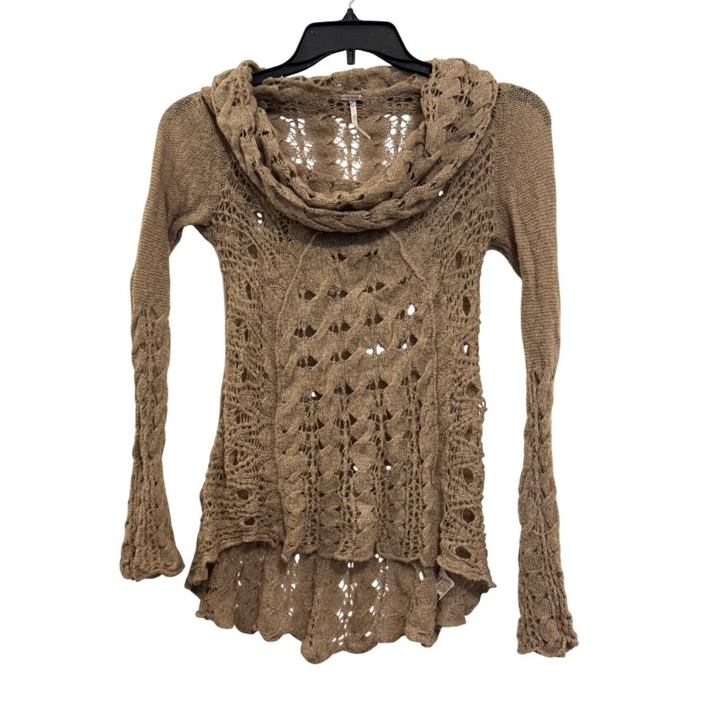 Free People Crochet Knit Cowl Neck Sweater Womens XS Brown Long Sleeve Boho Chic